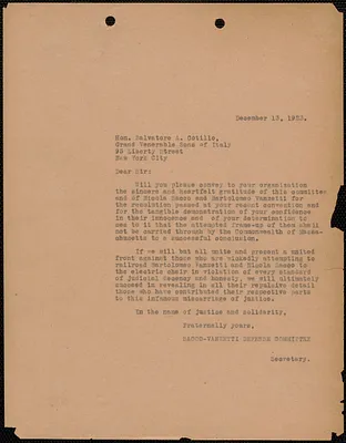 Sacco-Vanzetti Defense Committee typed letter (copy) to Salvatore A. Cotillo (Grand Venerable Sons of Italy), Boston, Mass., December 13, 1923