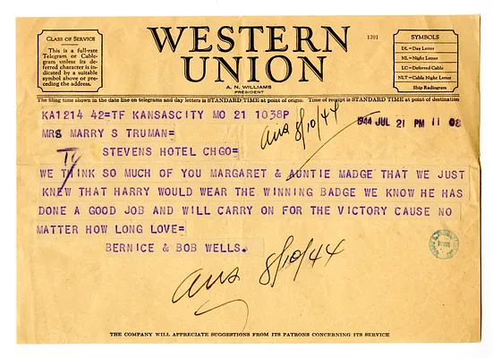 Telegram from Bernice and Bob Wells to Bess W. Truman