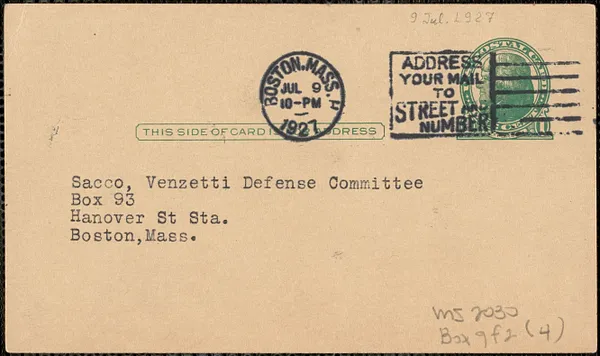 Boston Publishing Company printed postcard to Sacco-Vanzetti Defense Committee, Boston, Mass., July 9, 1927