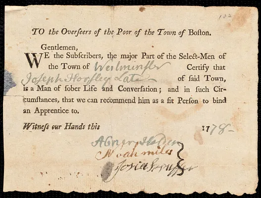 John Jerrell indentured to apprentice with Joseph Horsley of Shelburne, 25 June 1778