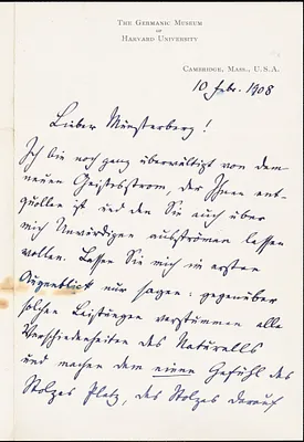 Francke, Kuno, 1855-1930 autograph letter signed to Hugo Münsterberg, Cambridge, Mass., 10 February 1908