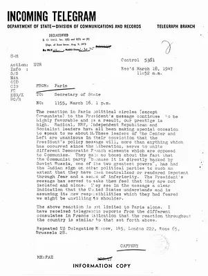 Telegram from Jefferson Caffery to Secretary of State George Marshall