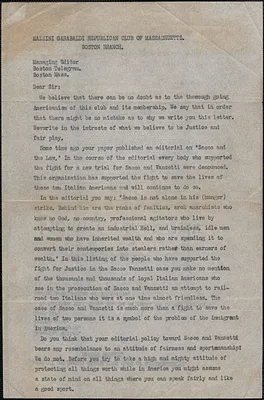 Antonio [Laurnimno?] (Mazzini Garabaldi Republican Club of Massachusetts, Boston Branch) typed letter signed (copy) to the managing editor, Boston Telegram, Boston, Mass., [1923?]