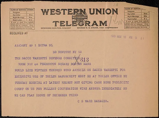 C. S. Ware telegram to Sacco-Vanzetti Defense Committee, New York, N. Y., November 18, 1921