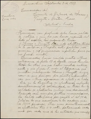 J. Del Carril (Comite Agitacion Libertad de Sacco y Vanzetti) autograph letter signed, in Spanish, to Sacco-Vanzetti Defense Committee, Buenos Aires, Argentina, September 3, 1927