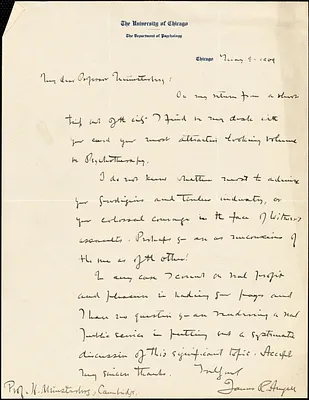 Angell, James Rowland, 1869-1949 autograph letter signed to Hugo Münsterberg, Chicago, 09 May 1909