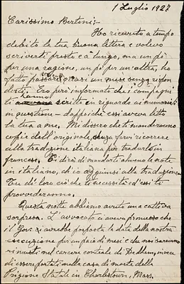 Bartolomeo Vanzetti autographed letter signed to [Luigi] Bertoni, [Charlestown], 1 July 1927