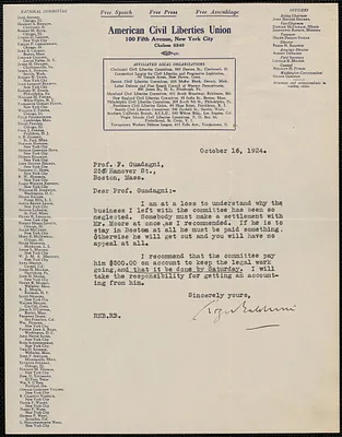 Roger N. Baldwin (American Civil Liberties Union) typed letter signed to Felice Guadagni, New York, N. Y., October 16, 1924