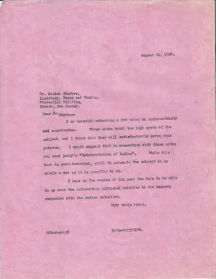 Letters Sent to Josiah Stryker, August 31, 1927