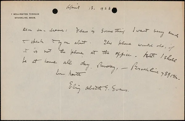 Elizabeth G[lendower] Evans autograph note signed to [Fred H.] Moore, Brookline, Mass., April 13, 1923