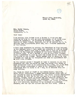 Letter from T. B. Wallace to Bess W. Truman