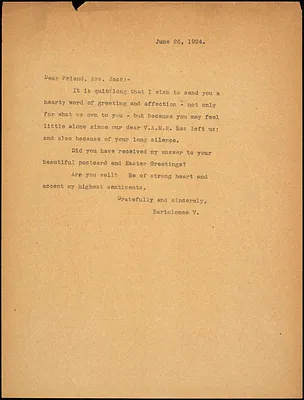 Bartolomeo Vanzetti typed note (copy) to Cerise Jack, [Charlestown], 27 June 1924