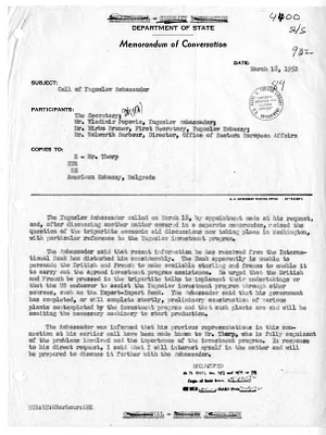 Memorandum of Conversation with Secretary of State Dean Acheson, Ambassador of Yugoslavia Vladimir Popovic, Dr. Mirko Bruno, and Walworth Barbour