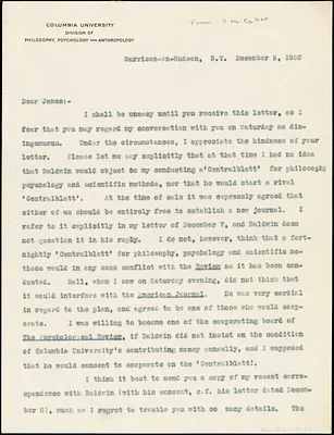 Cattell, James McKeen, 1860-1944 typed letter (copy) to William James, Garrison-on-Hudson, 9 December 1903