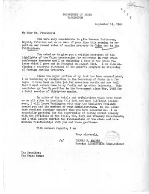 Memorandum from Thomas McCabe to President Harry S. Truman, with Attachments