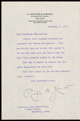 Jewett, Rutger B. autograph letter signed to Hugo Münsterberg, New York, 15 February 1915