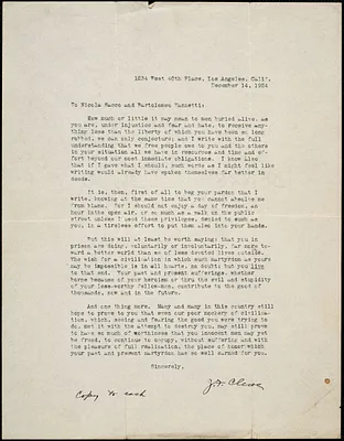 J.F. Clewe typed letter signed to Nicola Sacco and Bartolomeo Vanzetti, Los Angeles, 14 December 1924