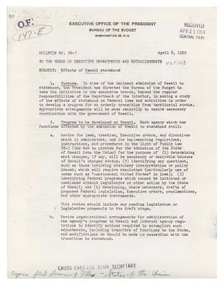Bureau of the Budget Bulletin 59-7, Effects of Hawaii Statehood