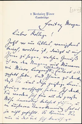 Francke, Kuno, 1855-1930 autograph letter signed to Hugo Münsterberg, Cambridge, Mass., [1904?]