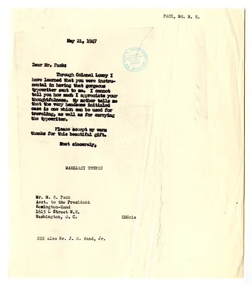 Letter from Margaret Truman to Mr. M. R. Pack