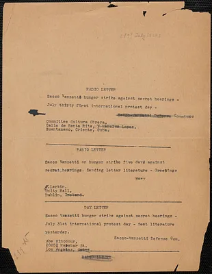 Sacco-Vanzetti Defense Committee telegram (copy) to Committee Cultura Obrera, Boston, Mass., [July 19?, 1927]