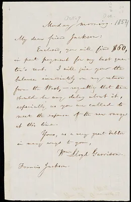 Letter from William Lloyd Garrison to Francis Jackson, Monday morning, [Oct. 9, 1854]