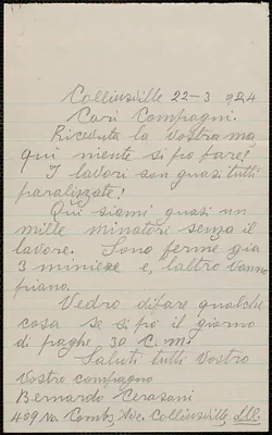 Bernardo Cerasani autograph note signed, in Italian, to Sacco-Vanzetti Defense Committee, Collinsville, Ill., March 22, 1924