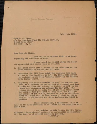 Amleto Fabbri typed letter (copy) to Elizabeth Gurley Flynn (The American Fund For Public Service, Inc.), Boston, Mass., October 16, 1925
