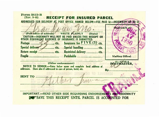 Receipt for Insured Parcel Mailed to Gilbert Truman in Grandview, Missouri