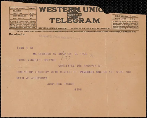 John Dos Passos telegram to Sacco-Vanzetti Defense Committee, New York, N.Y., October 26, 1926