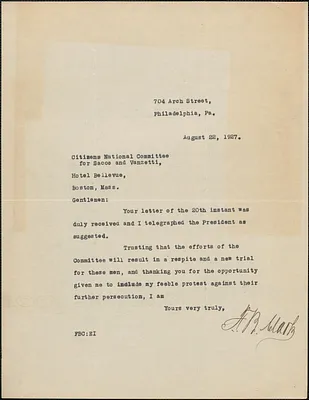 F. B. Clark typed letter signed to Citizens National Committee for Sacco and Vanzetti, Philadelphia, Pa., August 22, 1927