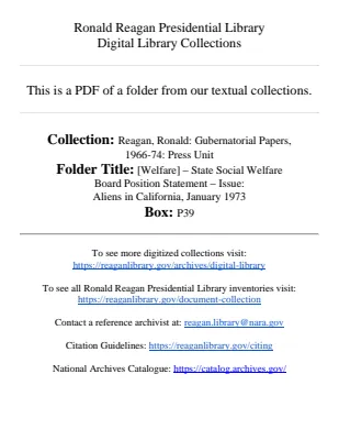 [Welfare] - State Social Welfare Board Position Statement - Issue: Aliens in California, January 1973