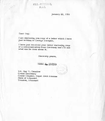 Correspondence Between President Harry S. Truman and Ray V. Denslow, with Related Material