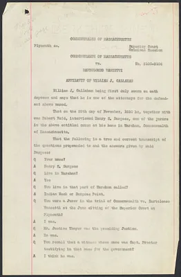 Herbert Brutus Ehrmann Papers, 1906-1970. Sacco-Vanzetti. William J. Callahan: Affidavit re Bridgewater. Box 10, Folder 10, Harvard Law School Library, Historical & Special Collections