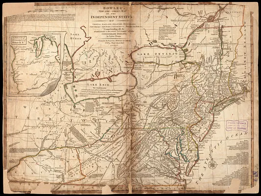 Bowles's new one-sheet map of the independent states of Virginia, Maryland, Delaware, Pensylvania, New Jersey, New York, Connecticut, Rhode Island, &c. comprehending also the habitations & hunting countries of the confederate Indians