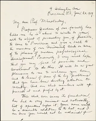 Delabarre, Edmund Burke, 1863-1945 autograph letter signed to Hugo Münsterberg, Providence, R.I., 24 January 1909