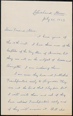 Frederic W. Raper autograph letter signed to Joseph Moro, Cleveland, Miss., July 21, 1927