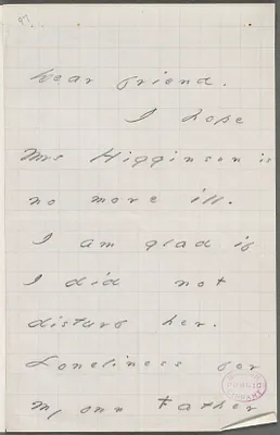 Your Scholar (Emily Dickinson), Amherst, Mass., autograph letter signed to Thomas Wentworth Higginson, August 1876