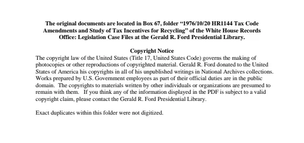 1976/10/20 HR1144 Tax Code Amendments and Study of Tax Incentives for Recycling