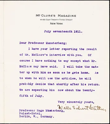 Cather, Willa Sibert, 1873-1947 typed letter signed to Hugo Münsterberg, New York, 17 July 1911