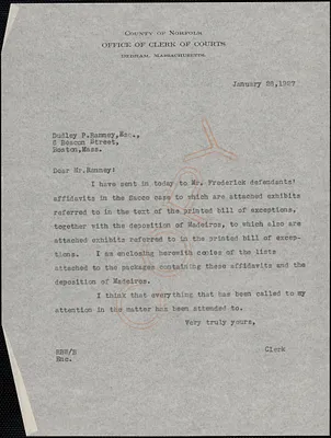Letter from Robert B. Worthington, Clerk of Courts (Norfolk County) to Dudley P. Ranney