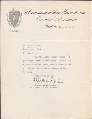 Herman A. MacDonald (Executive Department. Commonwealth of Massachusetts) typed note signed to W. E. Carey, Boston Mass., June 6, 1927