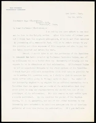Judd, Charles Hubbard, 1873-1946 typed letter signed to Hugo Münsterberg, New Haven, Conn., 18 May 1909