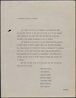 Beltrando Brini et al typed letter (copy) to Alvan T. Fuller, [Plymouth, Mass.?, approximately August 4-7, 1927]