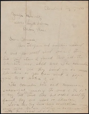 Bessie Kimmelman (Sacco-Vanzetti Defense Committee, Cleveland) autograph letter signed to Joseph Moro (Sacco-Vanetti Defense Committee), Cleveland, Ohio, August 15, 1927