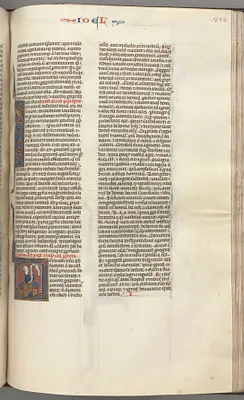 Fol. 353r, Joel, historiated initial V, Joel seated with a scroll, bust of God above