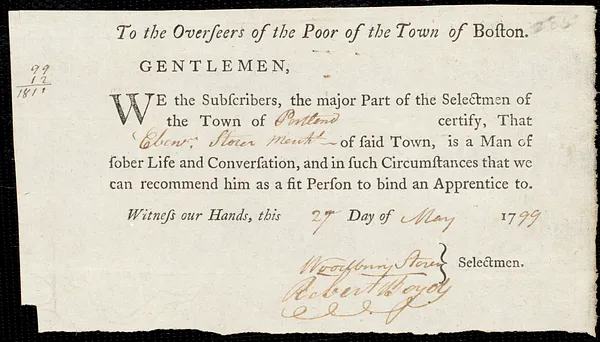 Thomas Furr indentured to apprentice with Ebenezer Storer of Portland, 29 May 1799