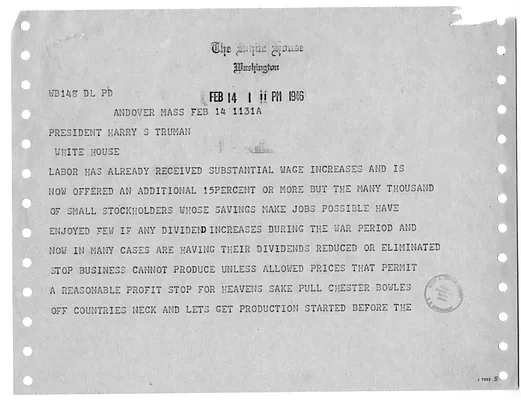 Telegram from R. A. Cushman to President Harry S. Truman
