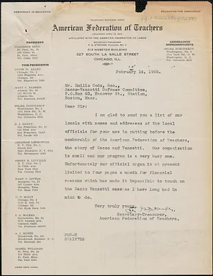 F. G. Stecker (American Federation of Teachers) typed letter signed to Emilio Coda, Chicago, Ill., February 14, 1925