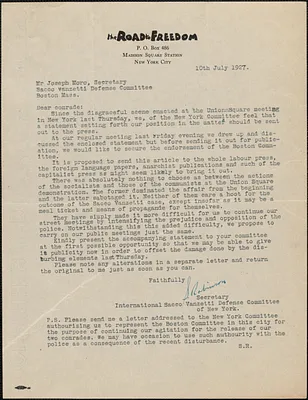 Sadie L. Robinson (International Sacco-Defense Committee of New York) typed letter signed to Joseph Moro, New York, N.Y., July 10, 1927